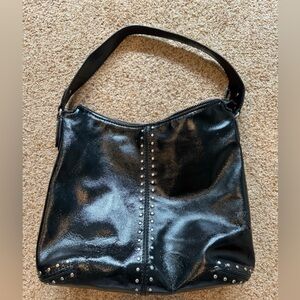 Michael Kors Patent Black Leather Hobo Bag with silver Details